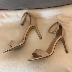 Nude two strap heels, faux alligator texture